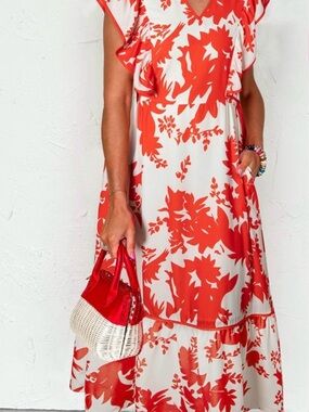 Floral Maxi Dress in Reddish/Orange and White